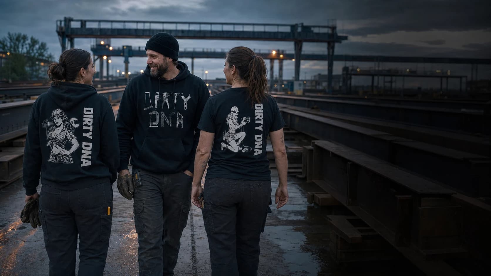 Three tradespeople wearing Dirty DNA workwear at a steel fabrication yard