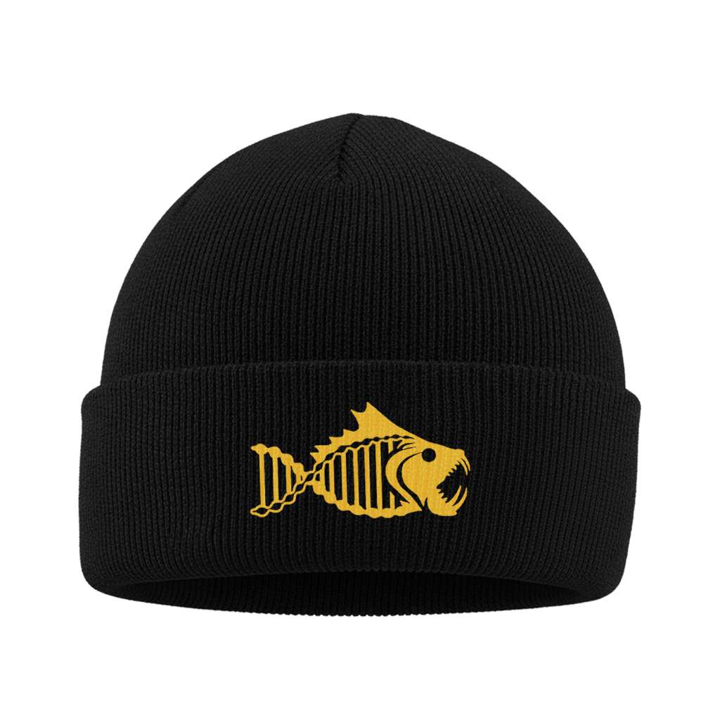 Black beanie with a yellow fish skeleton design on a white background